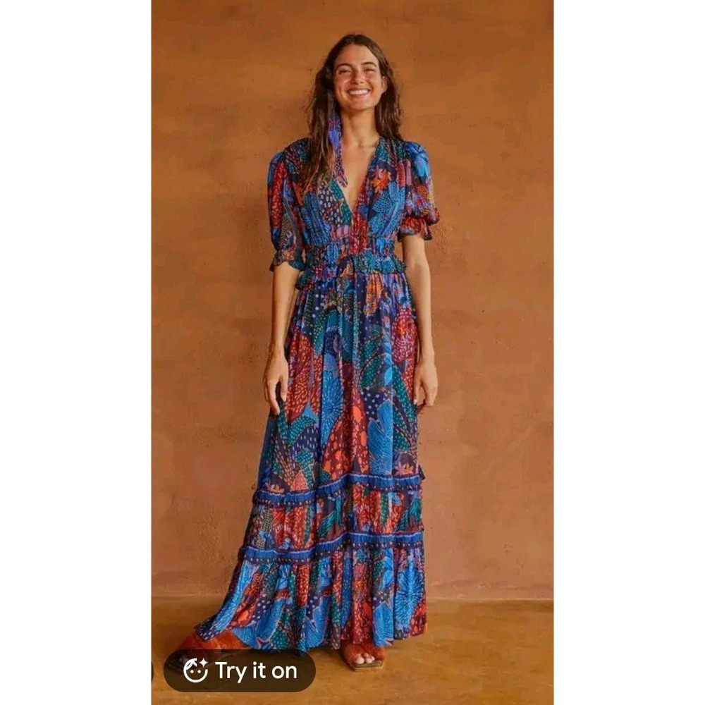 Farm Rio Short Tiered A-Line Maxi Dress Women's Large PETITE Floral